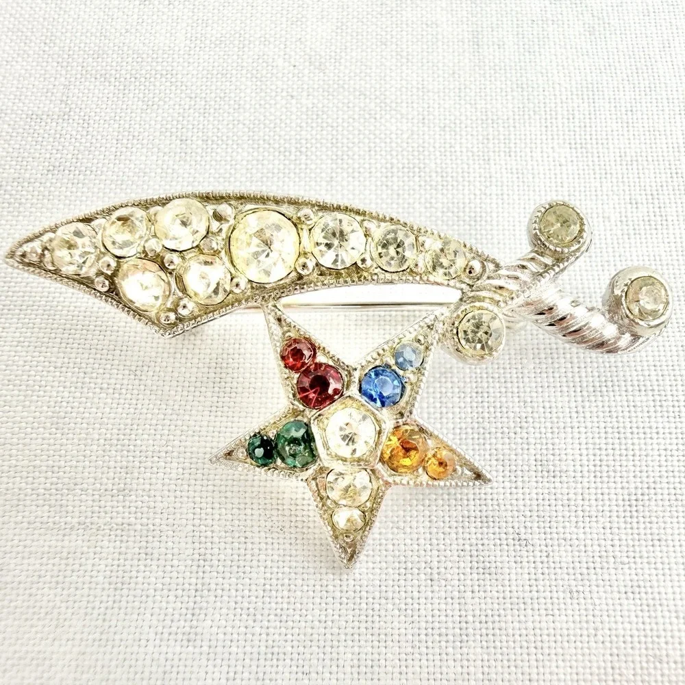 Vintage Signed Bogoff Brooch Pin Rhinestone Star Rainbow OES Silver Tone Retro
